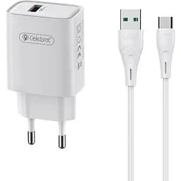 Зарядний пристрій Celebrat C-H13 1USB 18W wall charger + Type-C cable White