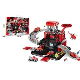 Трек-паркинг с транспортом, 3 металлопластиковые машинки, вертолет, 3 уровня, муляжи окружения, наклейки 666-10