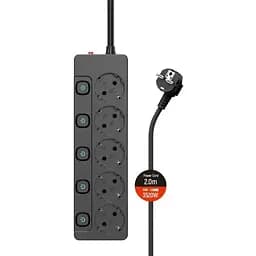 Фильтр сетевой ColorWay, 5 розеток, 2 м, черный, 16А, до 3.5 кВт, индивидуальный выключатель, заземление, 3x1.5 мм² (CW-PSEA52SBK)