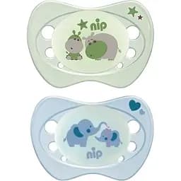 Пустышка Nip Ночной сон Слоники и бегемоты, силиконовая, 5-18 мес., 2 шт., голубой с зеленым (313101)