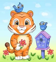 Набор для росписи по номерам Тигренок с птичками, Strateg, 30x30 см, ES204