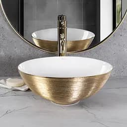 Умивальник Rea Stella brushed gold white накладний REA-U9087, Золотий - мініатюра 3