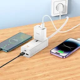 Мережевий зарядний пристрій подовжувач Hoco AC9A 2 USB/Type-C PD QC 30W 1 розетка 1.5m білий - мініатюра 2