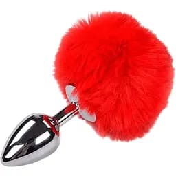 Металлическая анальная пробка Кроличий хвостик Alive Fluffy Plug M Red диаметр 3.4 см