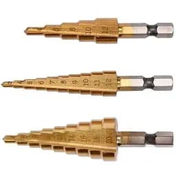 Сверла конические титановые по металлу Yato HEX-1/4" HSS для отверстий Ø=3-12 мм 4-12 мм 4-12 мм 4-20 мм 3 шт. (YT-44731)