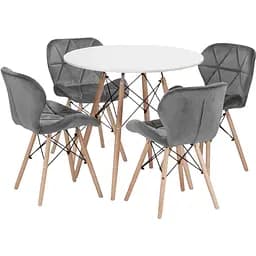 Обеденный комплект Jumi Mark круглый стол 80 + 4 стула Lago велюр Gray белый