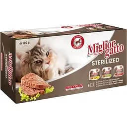 Набор влажных кормов для кошек Migliorgatto Sterilized курица, прошуто 2 шт. + курица, ягненок 2 шт. + говядина 2 шт. 600 г (6 шт. x 100 г)