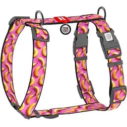 Шлейка для собак Waudog Nylon анатомическая H-образная с QR-паспортом, рисунок "Бананы на розовом", пластиковый фастекс, XL