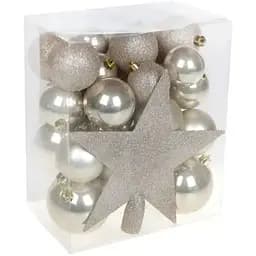 Набір ялинкових куль різних розмірів з верхівкою Зірка 20 см колір Шампань 29 шт