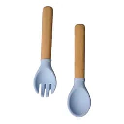 Приборы силиконовые детские OldBro ложка и вилка с деревянной ручкой, mix collors