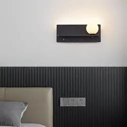 Удлиненное черное бра с плафоном, полочкой и USB 30х13 см Line F Арт. WB028/300 BK