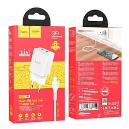 Адаптер мережевий HOCO N25 Maker dual port charger set + Type-C 2USB блок зарядний білий - мініатюра 5