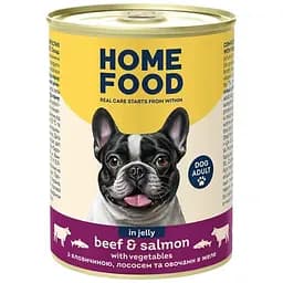 Полнорационный консервированный корм Home Food для взрослых собак с говядиной, лососем и овощами в желе 360 г