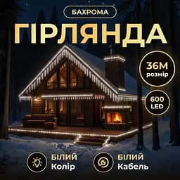 Новорічна гірлянда вулична Garlando 36MWW Бахрома 36 м 600 LED білий провід Біле сяйво  - мініатюра 2