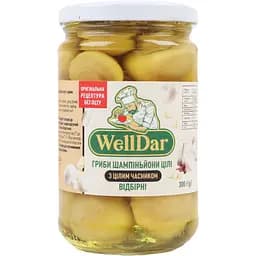 Грибы WellDar шампиньоны целые отборные с целым чесноком 300 г