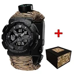 Чоловічий наручний годинник 005 Тризуб срібло Black + Паракордовий ремінець Desert Camo Awarder acs0031991