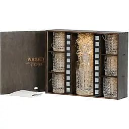 Подарунковий набір Whiskey Stones камені для віскі в дерев'яному пеналі №6 + декантер + 6 склянок Bohemia Diamond + щипці + мішечок