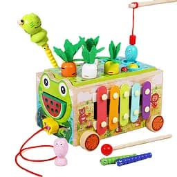 Деревянная игрушка "Развивающий учебный центр" каталка, ксилофон, рыбалка, огород с морковью, лабиринт, часы, шнуровка MD0729