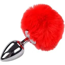 Металева анальна пробка Кролячий хвостик Alive Fluffy Plug L Red діаметр 3.9 см