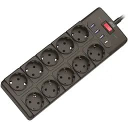 Сетевой фильтр 2E 10xТипF, 16A, 3xUSB-A, 1x USB-C, 3 м, черный (2E-SP10M3USBBK)