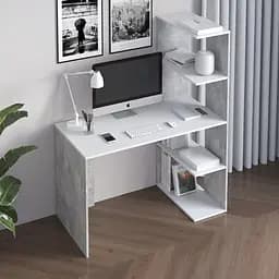 Комп’ютерний стіл Vays M-17 Бетон-Білий, письмовий з боковим стелажем зправа, ЛДСП, 120×60×148 см - для дому, навчання, офісу
