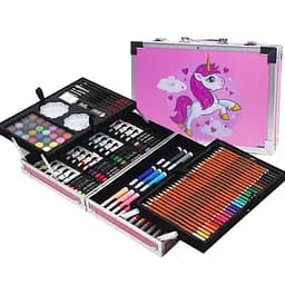 Набор для рисования и творчества детский в алюминиевом чемодане Единорог 145 предметов для юного художника Розовый