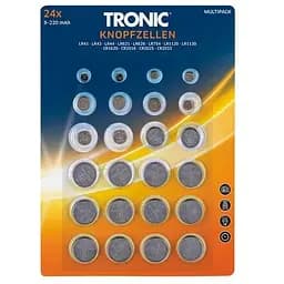 Батарейки таблетки 24 шт. TRONIC 12 типов: LR41/LR43/LR44/AG1/AG4/AG5/CR 2032/CR 2025/CR2016