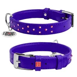 Нашийник для собак шкіряний Waudog Glamour з QR-паспортом з клейовими стразами Ш 20 мм Д 30-39 см фіолетовий