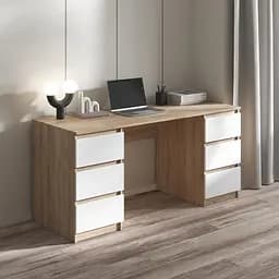 Комп’ютерний стіл Vays R-2 Дуб Сонома-Білий фасад, письмовий з 2 тумбами, 6 шухляд без ручок, ЛДСП 160×60×75 см - для дому, офісу, навчання