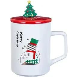 Кружка R33367-1 Новорічний калейдоскоп кераміка з кришкою і ложкою 360 мл Біла