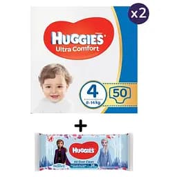 Набор Huggies: Подгузники Ultra Comfort 4 (8-14 кг), 100 шт. (2 уп. по 50 шт.) + Влажные салфетки Frozen All Over Clean, 56 шт.