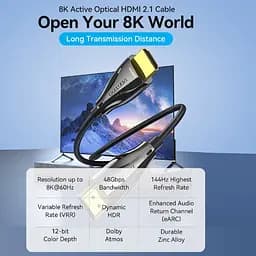 Кабель HDMI M - M, 15.0 м, V2.1, Optical 8K 60Гц 48Gbps Dolby 7.1 TPE Black Zinc Alloy Vention - мініатюра 5