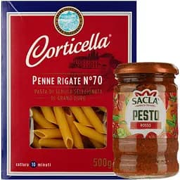 Набір: макаронні вироби Corticella Penne Rigate 500 г + соус Sacla Песто з в'яленими томатами 190 г