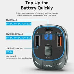 Автомобільний FM-трансміттер Vention PD 54W 3-Port USB (C+A+A) LED/USB Flash/Bluetooth, вольтметр - мініатюра 7