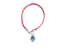 Браслет-оберег Червона нитка зі значком Хамса Рука з оком Фатими сріблястий