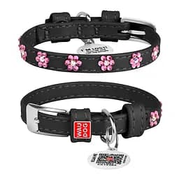 Нашийник для собак шкіряний Waudog Glamour з QR-паспортом з клейовими стразами "Квіти" Ш 12 мм Д 21-29 см чорний