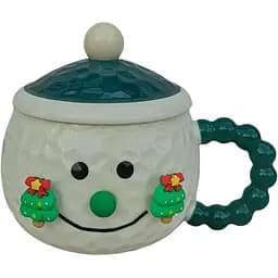 Чашка новорічна Snowman 32285 порцелянова з кришкою та ложкою 380 мл Біла з зеленим