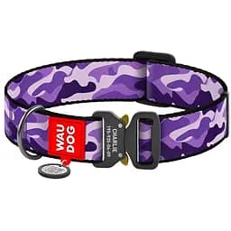 Ошейник для собак Waudog Nylon Фиолетовый камо, с QR паспортом, металлическая пряжка-фастекс, XXL, 43-70х3,5 см