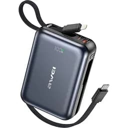 Power Bank Awei C03 20000mAh 45W зі швидкою зарядкою та вбудованими кабелями Type-C/Lightning (Чорний)