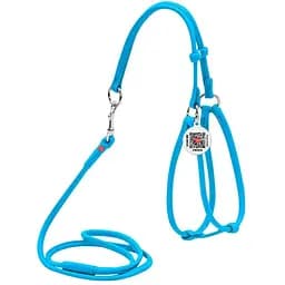 Шлей с поводком для собак Waudog Glamour кожаный с QR паспортом, круглый, голубой