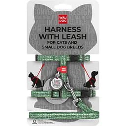 Шлея з повідцем для котів Waudog Re-cotton з відновленої бавовни з QR паспортом XS 25-40х20-30х1/122 см зелений (147018)