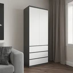 Шафа для одягу Vays R-16 Антрацит-Білий фасад, 3 шухляди, полиці, без ручок, ЛДСП, 80×50×211 см – для спальні, вітальні, передпокою