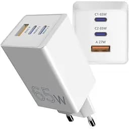 Мережевий зарядний пристрій Sigma mobile X-power 65W GaN, PD, QC (2xUSB-C + 1xUSB-A) White (PS65-01)