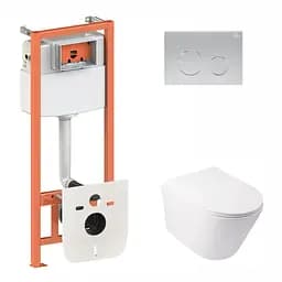 Набор Qtap инсталляция 3 в 1 Nest QT0133M425 с панелью смыва круглой QT0111M11111SAT + унитаз с сиденьем Swan QT16335178W, Белый