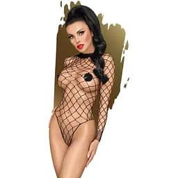 Боді Penthouse Scandalous S/L Black, велика сітка, високий комір, довгі рукави