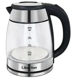 Электрочайник Liberton LEK-6833, черный, 1500W, 1.8л, стекло+нерж.сталь, дисковый, индикатор уровня воды, защита от перегрева,
