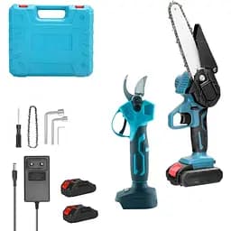 Набір секатор та міні пила в кейсі садовий комплект для обрізки дерев та чагарників з 2 акумуляторами 21 Вт Синій з чорним