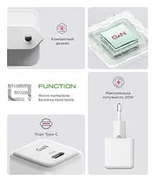 Зарядний пристрій AR373 GaN 20W White з портом USB-C, підтримка Power Delivery, швидка зарядка для смартфонів і планшетів Apple, Samsung, Xiaomi, ArmorStandart (ARM77569) - мініатюра 6