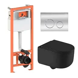 Подвесной унитаз Qtap Taurus Ultra Quiet + инсталляция Qtap Nest 4 в 1 (круглая клавиша Chrome), Черный