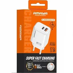 МЗП Amaya E43D PD20W (1USB-A/1C) + кабель USB to Type-C White - мініатюра 2